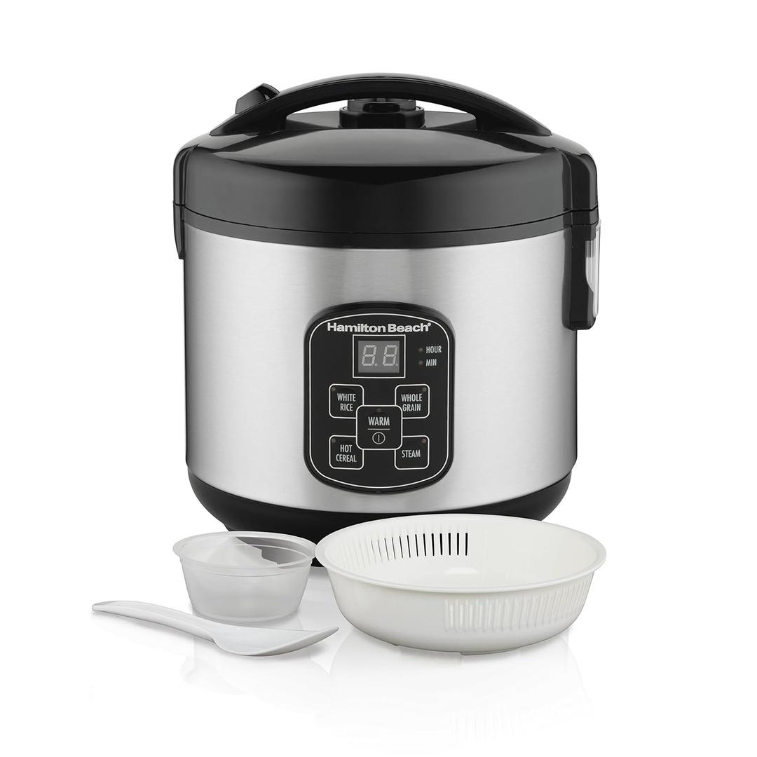 Hamilton Beach Digital Programmable Rice Cooker & Food Steamer, 8 Cups Cooked (4 Uncooked), With Steam & Rinse Basket, Stainless Steel 