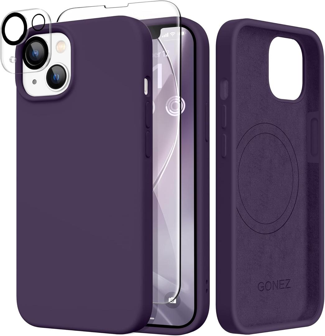GONEZ Magnetic for iPhone 13 Case & iPhone 14 Case, [Compatible with MagSafe] Anti-Scratch Microfiber Lining & Screen Protector, Shockproof Slim Phone Silicone Cover 6.1 inch, Deep Purple