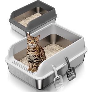 2 Pack Stainless Steel Cat Litter Box with Lid, Large Metal Litter Pan for Adult Cats, Multi-Cats, High Sides with Anti-Leakage Enclosure, Easy Cleaning, Non-Stick, Anti-Scratch,Include Scoop