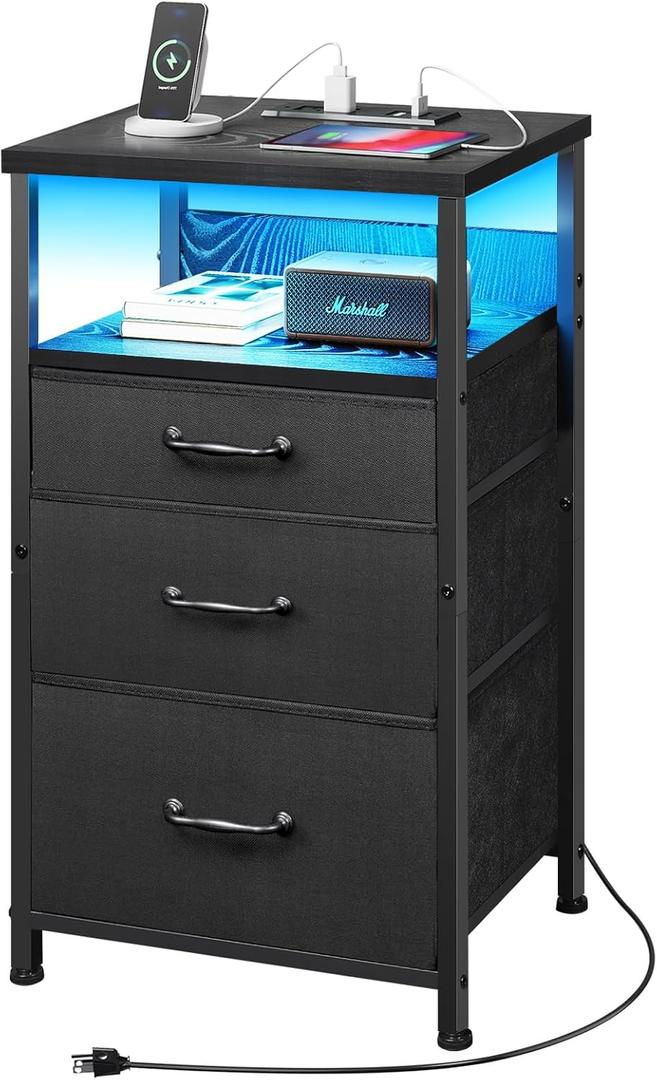 Nightstand with Charging Station, LED Night Stand with Drawers (Fabric), Bedside Table with Open Shelf, End Table with Steel Frame, 3 Drawer Dresser for Bedroom, Small Space, Black Nightstand