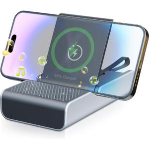 FUYO Cell Phone Stand with Wireless Speaker, 5000mAh Magnetic Power Bank Bracket with Typ-C Cable and TF Card Player for Desk Compatible with iPhone/ipad/Android/Samsung, Gifts for Men Women