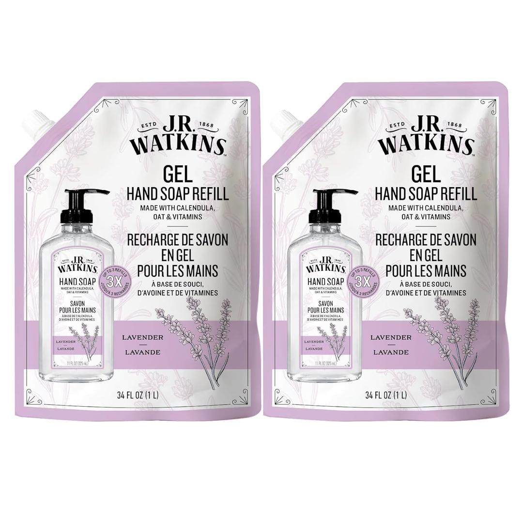 J.R. Watkins Gel Hand Soap Refill, Moisturizing Hand Wash, Formulated with Plant-Based Cleansers, Alcohol-Free, Cruelty-Free, Lavender, 34 Fl Oz, 2 Pack