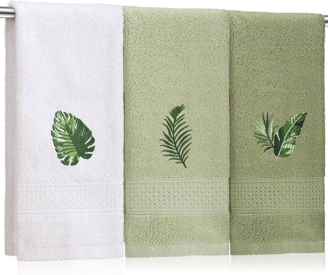 SmoothNovelty 3 Pcs Tropical Palm Leaves Hand Towels for Bathroom Decor Summer Monstera Leaves Embroidered Absorbent Soft Cotton Towels 13.78 x 29.53 Inch Farmhouse Green Decorative for Kitchen Home