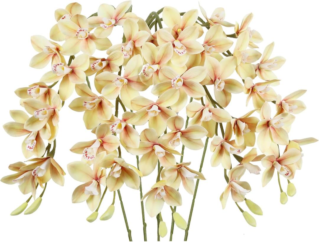 IPOPU 5 Pcs Real Touch Faux Orchid Champagne Orchid Artificial Flowers with Long Stem for Wedding Party Centerpiece Bridal Bouquet DIY Home Living Room Decoration