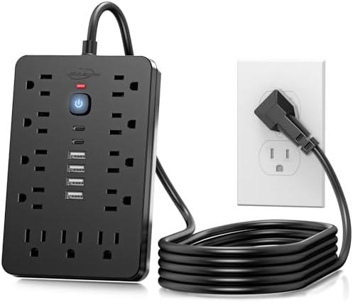 JouleLoom 10 FT Flat Plug Surge Protector Power Strip,11 Multiple AC Outlets with 6 USB Ports (2 USB C), 10 Feet Extension Cord, 1250W/10A, One Touch Switch Button, 17 in 1 Compact powerstrip