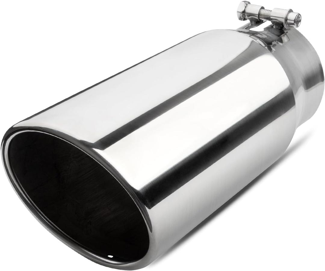 Vurkcy 4 inch Inlet Exhaust Tip, 5" Outlet 12" Overall Length Stainless Steel Exhaust Tail Pipe, Bolt-On, Rolled Edge, Slant Sleek Angle Cut, Polished Tailpipe, Silvery