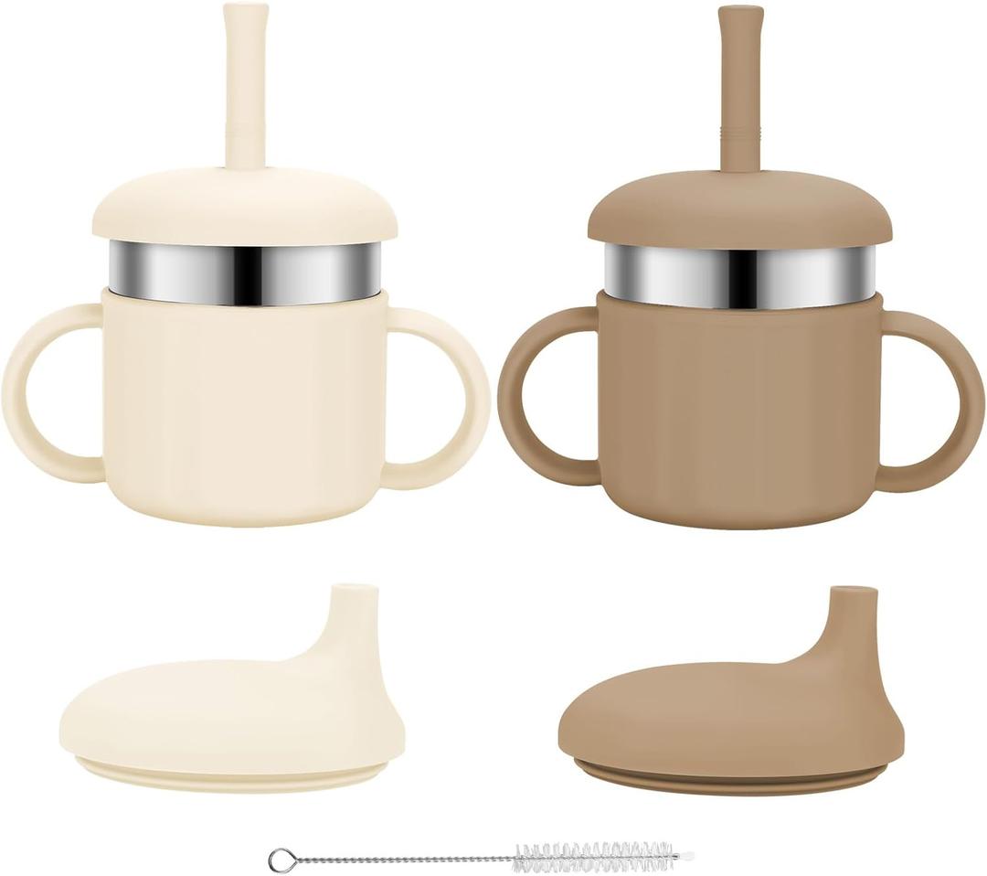 Baby Sippy Cups, 7.4 Oz 3 Stages Training Straw Cups for Infants Toddlers 6-12 Month and Kids 1-3 Year, Stainless Steel Kid Cups with Silicone Straws (Beige+Brown)