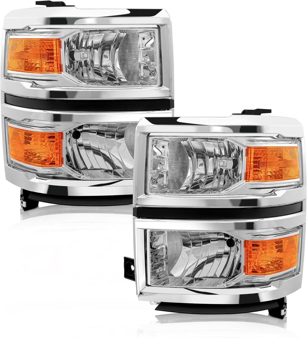 for 2014-2015 Chevy Silverado 1500 Pickup Headlights Assembly Halogen Factory OE Style Chrome Housing Replacement Driver and Passenger Side Pair