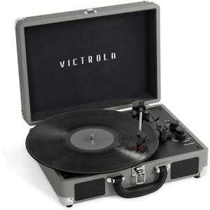 Victrola Journey Bluetooth Portable Suitcase Record Player with Built-in Speakers, 3 Speed Vinyl Record Player, RCA Out, Headphone Jack, New Gray