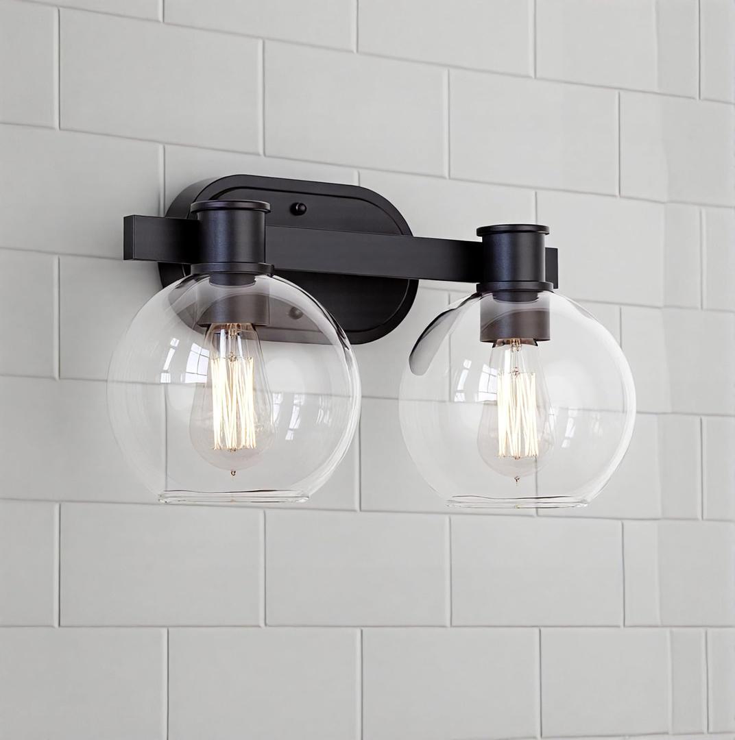 Tawson Dan Modern Farmhouse 2-Light Vanity Light Wall Sconce Lighting with Clear Glass Globe Shade in Light Black Finish for Bedroom, Hallway, Kitchen,  2 Light Vanity
