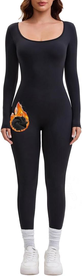 AEEZO Womens Fleece Lined Scoop Neck Long Sleeve Jumpsuit Thermal Sexy Tummy Control Ski Snow One Piece Bodycon Playsuit (Black, M)