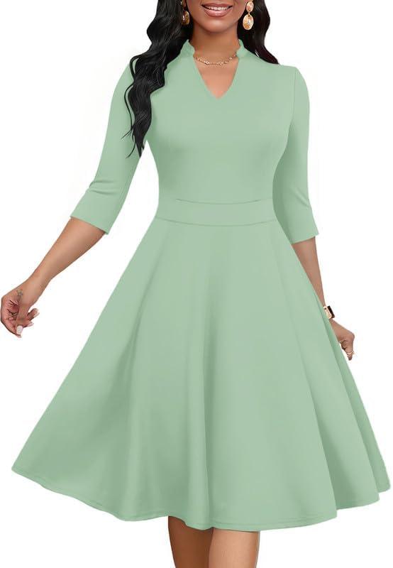 MarryUP Church Dress for Women V Neck 3/4 Sleeve Midi Causal Cocktail Party A-Line Dresses with Pockets M