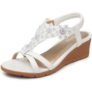 TEMOFON Women's Low Wedge Heels Summer Dressy Platform Sandals Elastic Ankle Strap Open Toe Flower Shoes EU42