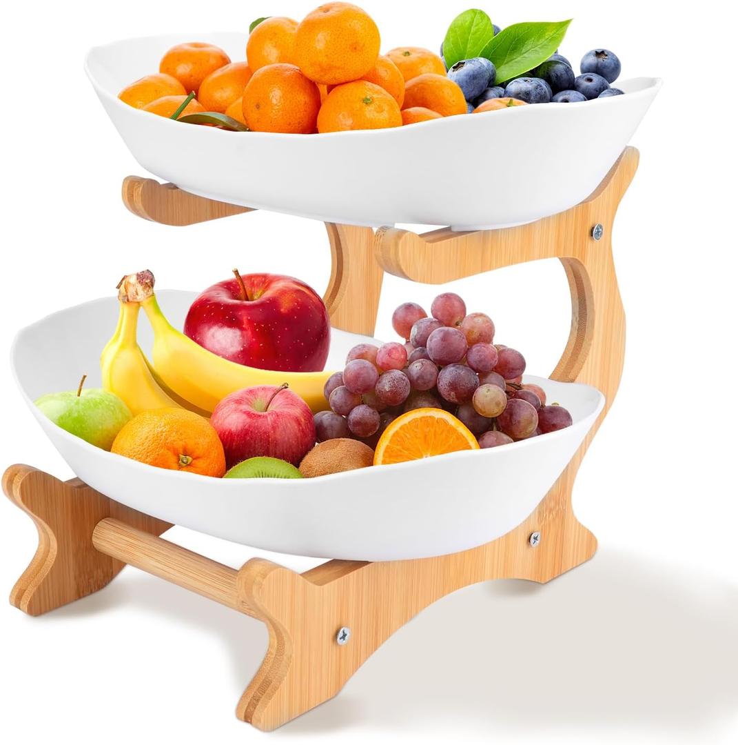 RETON 2 Tier Fruit Bowl for Kitchen Countertop, Plastic Fruit Basket Rack with Bamboo Wood Stand for Tiered Vegetable Storage Tray, Salad Cake Snack Dessert Party (White), Normal