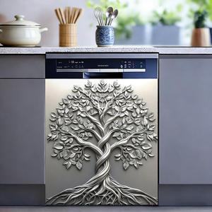 Floral Dishwasher Magnet Cover, Metallic Feel Refrigerator Door Panel, Cute Cat Refrigerator Home Appliance Magnet, Easy to Trimm, Sizes 23×25.5inches (Tree of Life-1), 23 x 25.6 inches