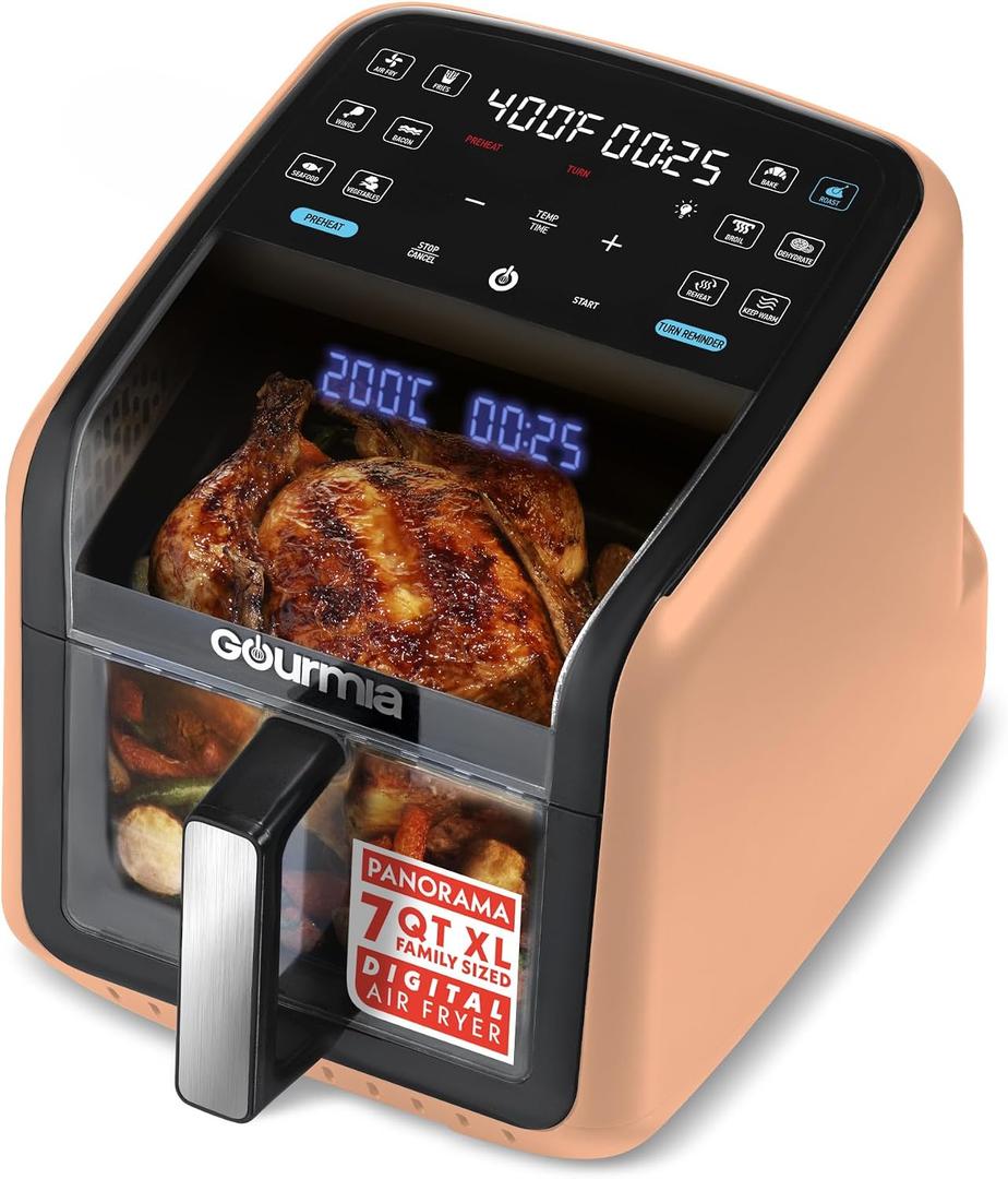 Gourmia Air Fryer - 7 Qt Basket Capacity with Panorama Window, Peach, Medium