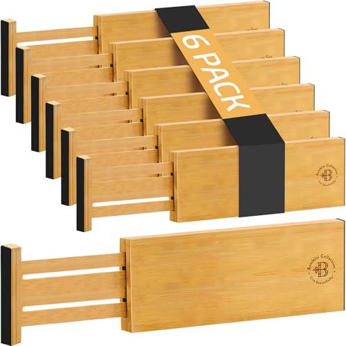 6 Pack Drawer Dividers 6 Inch High, 11”-17" Adjustable Bamboo Organizers Large Expandable Drawer Separators for Cloths, Dresser, Bedroom, Bathroom, Baby Drawer, Office & Kitchen Utensils (Natural)