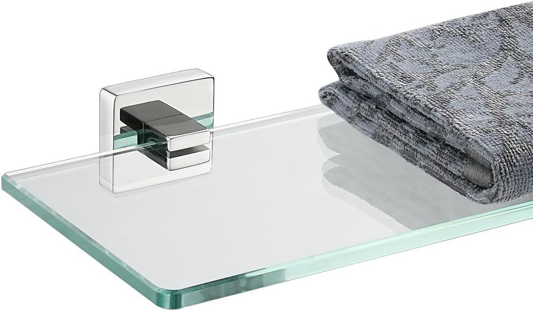 Bathroom Glass Shelf, Floating Tempered Glass Shower Storage 20 by 5 inches, 304 Stainless Steel Polished Chrome Wall Mount