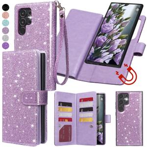 Varikke for Galaxy S22 Ultra Wallet Case Detachable with Card Holder for Women, Glitter Leather Strap Magnetic Flip Wallet Removable Phone Case Cover for Samsung Galaxy S22 Ultra 5G 6.8", Light Purple