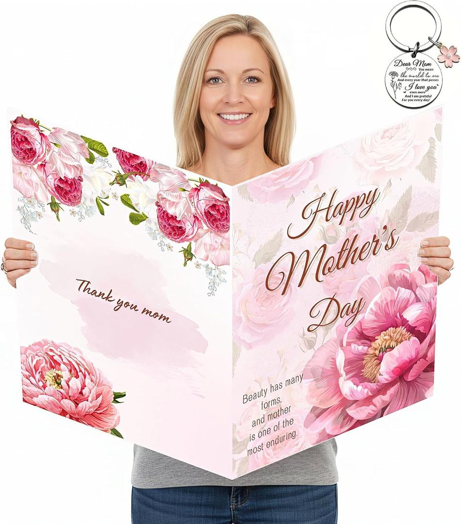 Jumbo Mother's Day Greeting Card for Mom with Envelope - 14x22 Inch Large Pink Floral Card Giant Signature Card from Son Daughter - Big Oversized Guest Book Card for Mother's Day Birthday Gift with Keychain