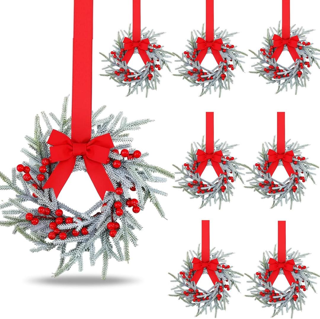 Giegxin 8 Pcs Vintage Small Christmas Wreath for Cabinet Mini Kitchen Wreath with Red Berry Realistic Norfolk Farmhouse Decoration for Xmas Window Indoor Chair Fireplace Porch Candle Decor (No Bows)