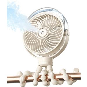 SWEETFULL Misting Stroller Fan Portable Baby Fan with Spray Cooling, 4 Speeds, Quiet Rechargeable Fans for Travel, Outdoor, Golf Cart, Car Seat, Beach (Beige)