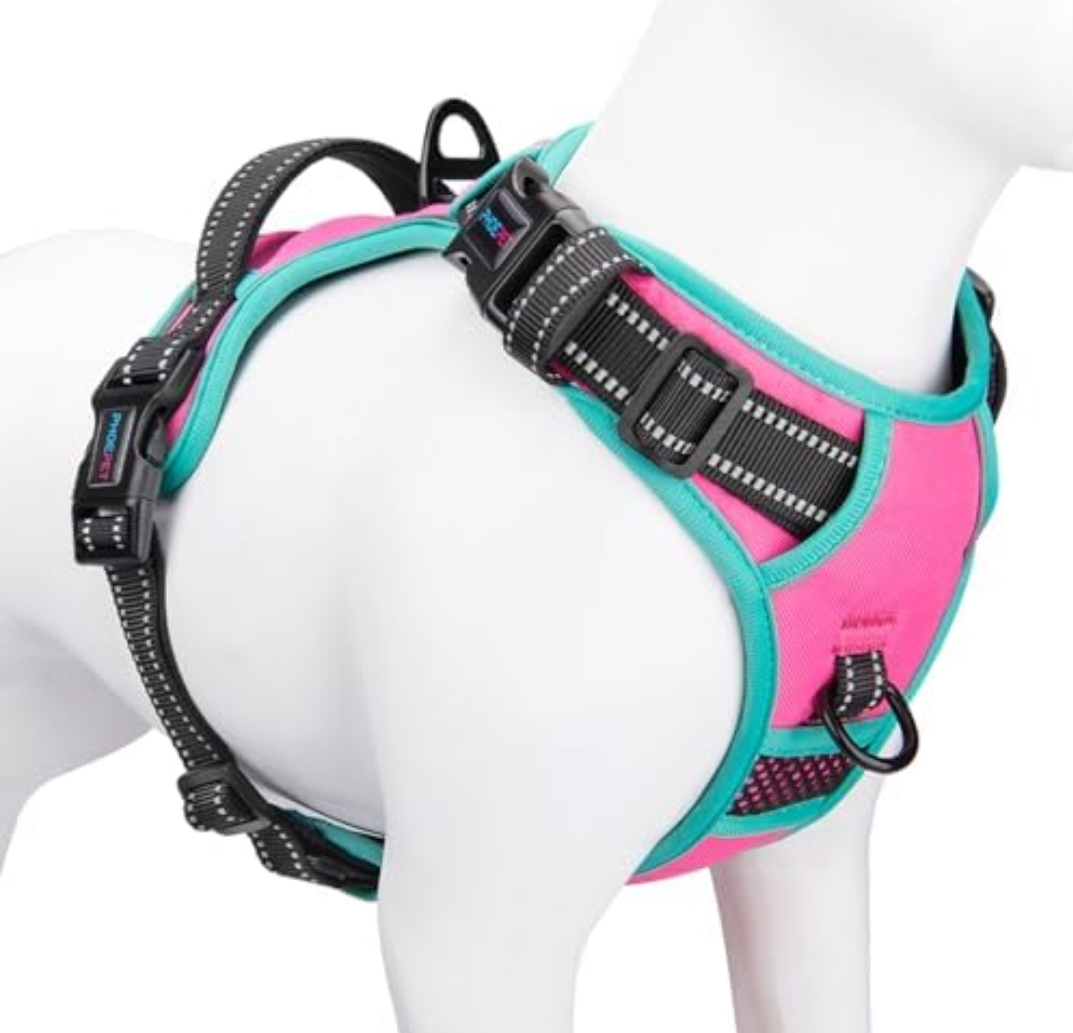 PHOEPET 2019 Upgraded No Pull Dog Harness, Reflective Adjustable Vest, with a Training Handle + 2 Metal Leash Hooks+ 3 Snap Buckles +4 Slide Buckles(L, Pink)