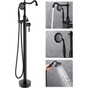 Free Standing Tub Faucet, Floor Mount Bathroom Tub Filler, Freestanding Bathtub Shower Faucets with Handheld Sprayer, Matte Black