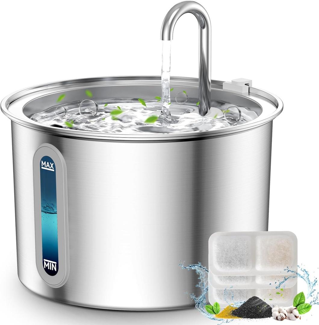 oneisall Stainless Steel Cat Water Fountain, 2L Water Fountains for Cats Indoor Dishwasher Safe with Quiet Pump and 3 Replacement Filters, Automatic Pet Water Fountain Faucet Spout Design