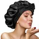 Silk Bonnet for Sleeping Women, Ajustable Hair Bonnet for Curly Hair with Tie Band Shower Caps Black Large