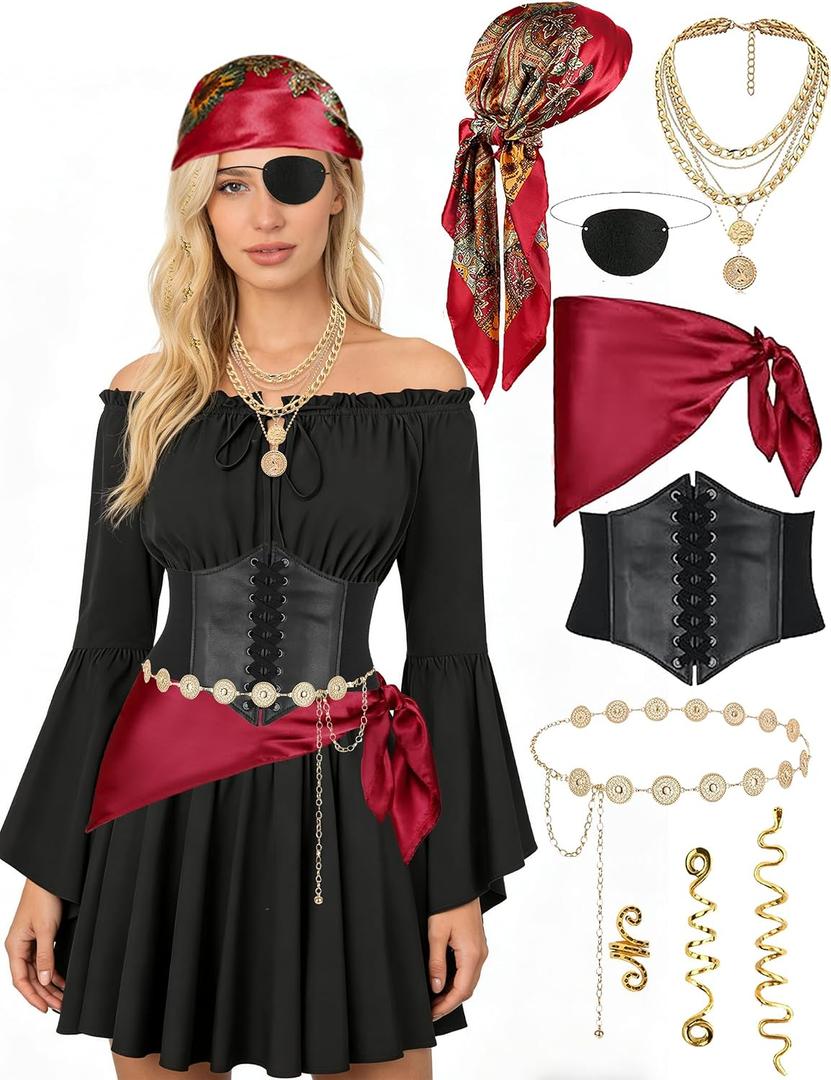 Pirate Costume Women with Off Shoulder Dress Gold Sequin Belt Accessories Halloween Set Costume, XXL