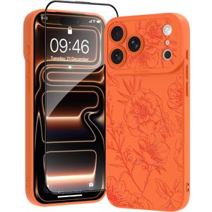 OOK for iPhone 17 Pro Case Orange Case Cute Flower Floral Design | Soft TPU Full Camera Lens Anti-Drop Anti-Scratch Shockproof Protective with Screen Protector, Gift giving & daily matching
