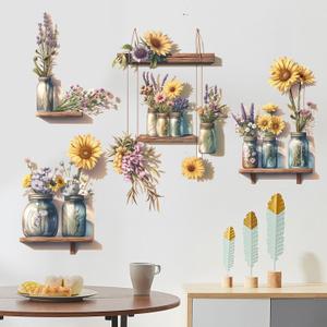 Sunflower Wall Decals 3D Flower Wall Stickers Potted Plant Floral Wall Decal Peel and Stick Flower Window Clings Vinyl Removable for Bedroom Nursery Decoration