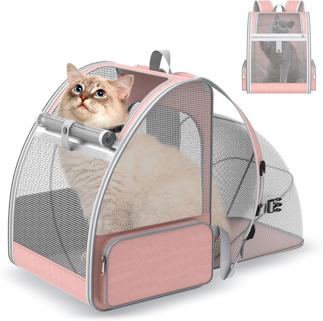 Cat Backpack Carrier Expandable for Travel: Foldable Pet Backpack with Breathable Mesh for Medium Small Dog Cat Puppy Kitten up to 15 Lbs, Cat Carrier Soft Backpack for Hiking Camping Outdoor(Pink)