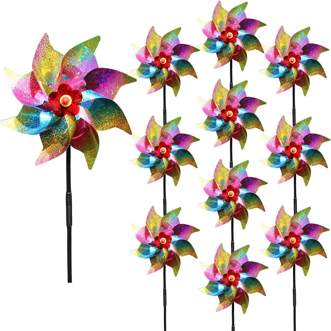 10 Pieces 21 Inches Rainbow Reflective Pinwheels with Stakes Windmill Wind Spinners Outdoor for Yard Garden Lawn Farm Decor Bird Repellent, Large Plastic Foil Pin Wheels for Birds Animal Deterrent