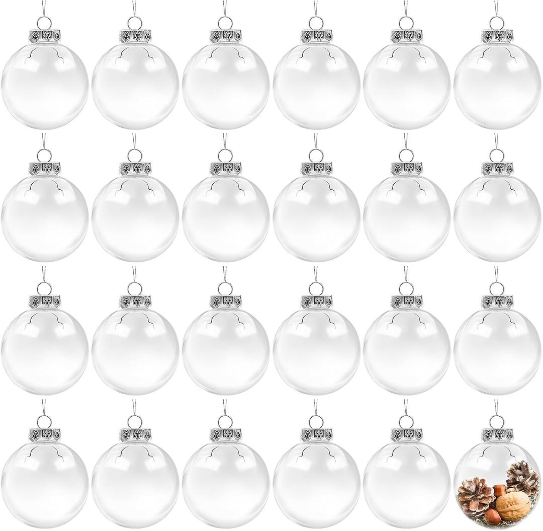 24 Pcs Clear Christmas Plastic Ornament Ball, Christmas Clear Baubles with Rope and Removable Metal Cap, Transparent Fillable Sphere Light Bulb for Christmas Tree Decor,2.4 inch