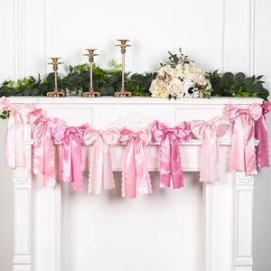 VitalCozy Pink Bow Garland Decor for Coquette Party Decorations, Pre-Strung Pink Satin Ribbon Birthday Party Garland Bow Banner for Valentine Bridal Shower Bachelorette Wedding Birthday Engagement