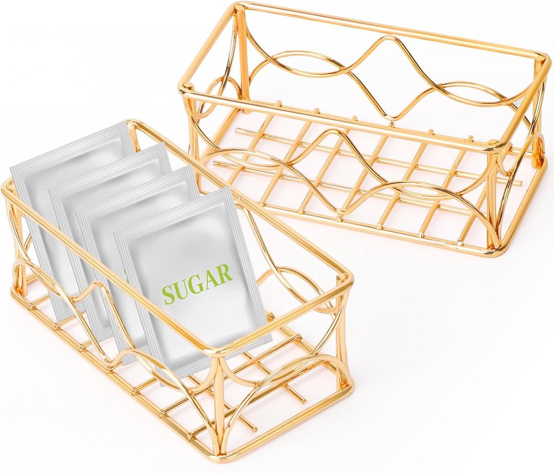 DLUGOPIS 2 Pcs Gold Sugar Packet Holder Metal Tea Bag Organizer Sugar Caddy Coffee Creamer Tea Bag Caddy for Coffee Bar Kitchen Home 4.5*2.2*1.8 Inch