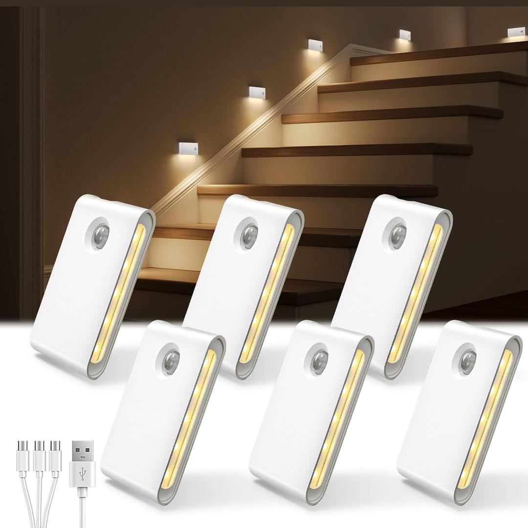 EZVALO 6 Pack Motion Sensor Night Lights, Sync LED Stair Lights Indoor, 1500mAh Rechargeable, Magnetic & Dimmable, 3000K Soft White, Portable Nightlight for Hallway, Stairs, Bathroom, Bedroom
