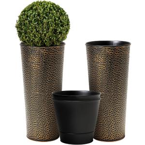 Worth Garden 2-Pack 25" H. Metal Planter with 2X Inside Pots - Hand-Hammered Texture Tall Cone Plant Pots - Large Handcrafted Black Flower Pot for Indoor Outdoor, Deck, Patio, Front Porch (Bronze) (25" Height)