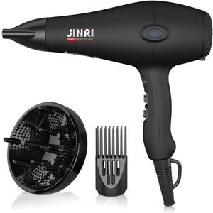 JINRI Hair Dryer, 1875W, 3 Heat & 2 Speed, with Diffuser, with Concentrator, Detachable Air Intake, Ionic Technology & Infrared - Black, Hanging Strap, Non-Foldable JR-108
