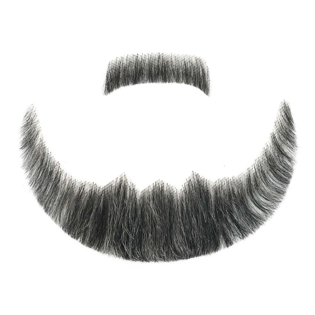 Parceria Fake Mustache, Easy Applying Hand Tied Human Hair Fake Beard, Comfortable and Skin Friendly Realistic Lace Costume Facial Hair for Men (LS Black Mix Grey Beard)
