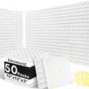 Focusound White Acoustic Panels 50 Pack 2"x12"x12" with 300 PCS Double-Side Adhesive - Sound Proof Pyramid Foam for Walls, Home Studio Noise Absorption & Echo Control Kit