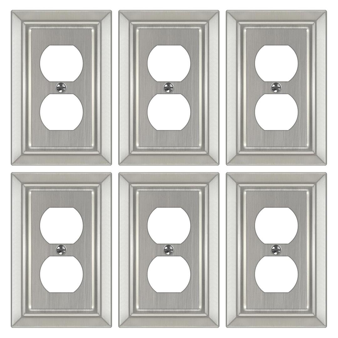 Metal Wall Plate for Electrical Outlets, Decorative Brushed Nickel Switch Plates Outlet Cover, Light Switch Cover Plate, 1-Gang Wall Plates (Duplex Outlet, 6 Pack)
