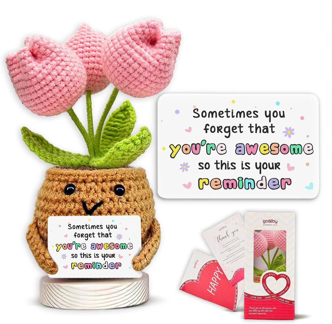 Gossby Handmade Positive Tulip Flower Crochet - Sometimes You Forget You're Awesome - Inspirational Gift for Women - Birthday, Appreciation, Positive Gift for Teacher, Mom, Friend, Coworker