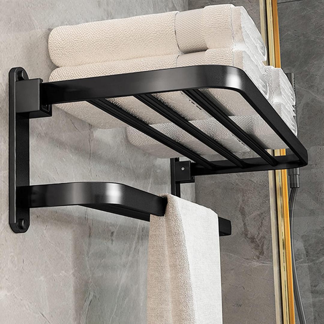 BOZWELL Bathroom Lavatory Towel Rack with Two Towel Bars,24-Inch Towel Holder with Shelf BZ205-A (Matte Black)
