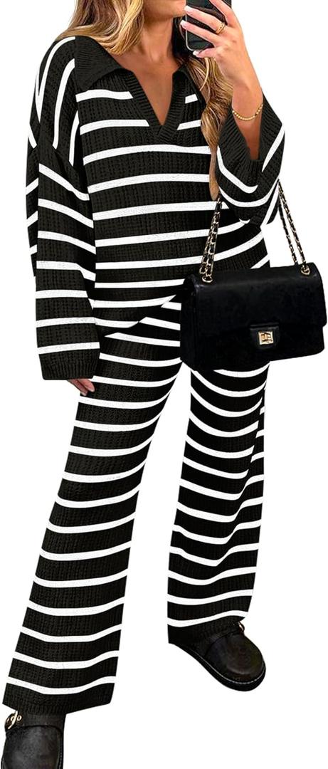 ZESICA Women's 2 Piece Sets Fall Casual Striped Long Sleeve V Neck Knit Sweater Tops and Wide Leg Pants Lounge Matching Set (Black, S)