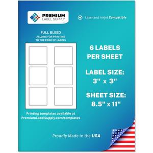 Premium Label Supply White Sticker Square Labels  3" x 3"  Laser/Inkjet Compatible  (6 per Sheet), 25 Sheets  150 Total Adhesive Labels