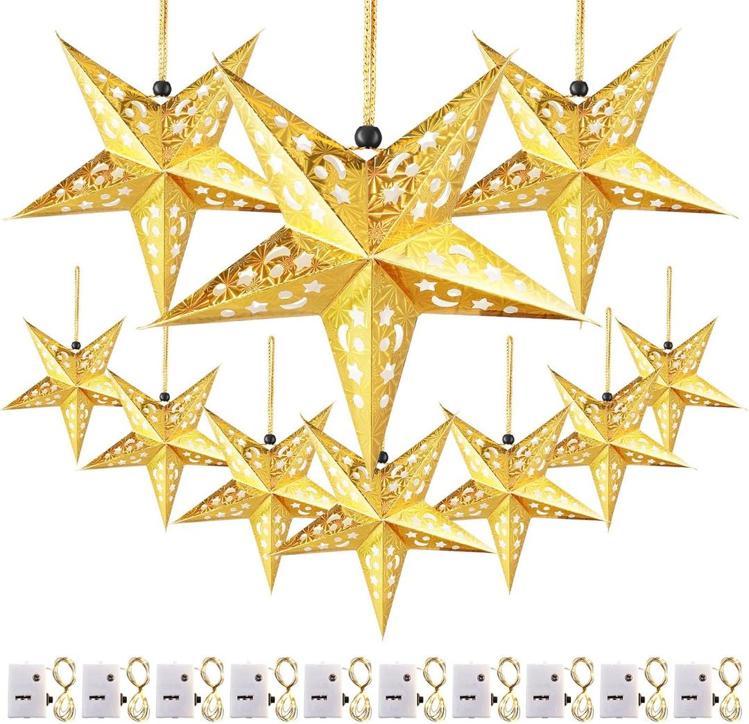 Zhanmai 10 Pcs Large 3D Gold Paper Star Lantern with 10 LED Lights 11.8 Inch 5 Point Hollow Hanging Paper Star Lampshade Decoration Light Lanterns for Wedding Birthday New Year Party Home Decor