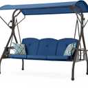 800LBS Patio Swing with Canopy 3 Seat Outdoor Porch Swing with Stand w/Cup Holder & Pillow Glider Chair Swing Bed for Patio Backyard Poolside (Blue)